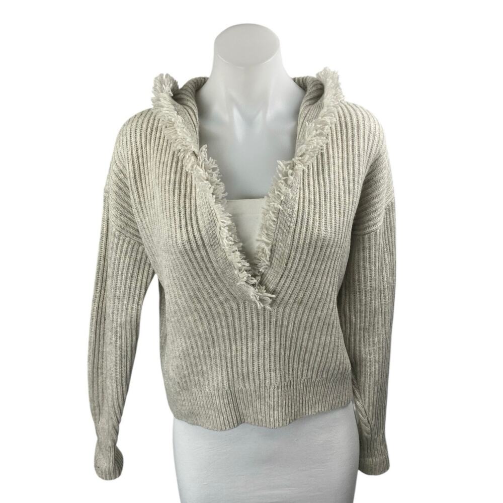 Intermix Wool Cashmere Beige Tan Rib Knit Fringe Hooded Long Sleeve Sweater Sz S